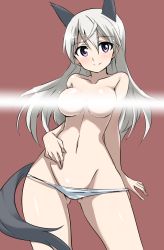Rule 34 | 1girl, animal ears, blush, breasts, censored, eila ilmatar juutilainen, female focus, fox ears, fox tail, highres, large breasts, light, long hair, purple eyes, silver hair, simple background, smile, solo, strike witches, tail, topless, world witches series, yumekaranigeruna