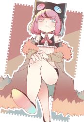 Rule 34 | 1girl, :&lt;, animal hat, bare legs, black footwear, black hat, buttons, cat hat, commentary request, detached sleeves, fur trim, hands on own knees, hat, heterochromia, highres, midriff, multicolored hair, neck ribbon, original, pink hair, red ribbon, ribbon, shoes, short hair, siwasunohige, solo, streaked hair