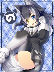 Rule 34 | 10s, 1girl, animal ears, black hair, blue eyes, blush, breasts, fur collar, gloves, grey wolf (kemono friends), heterochromia, highres, japari symbol, kemono friends, liya, long hair, long sleeves, looking at viewer, lying, multicolored hair, necktie, on back, open mouth, pencil, skirt, small breasts, solo, tail, two-tone hair, wolf ears, wolf tail, yellow eyes