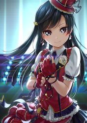 Rule 34 | 1girl, asymmetrical clothes, black eyes, black hair, blush, buttons, chase! (love live!), collared shirt, double-breasted, duplicate, earrings, flower, frilled skirt, frills, gloves, grey eyes, hair ornament, half gloves, hat, highres, idol clothes, jewelry, layered skirt, long hair, love live!, love live! nijigasaki high school idol club, mini hat, mini top hat, miniskirt, necktie, one side up, pixel-perfect duplicate, pleated skirt, prbili, puffy short sleeves, puffy sleeves, red flower, red rose, red vest, rose, shirt, short sleeves, skirt, solo, stage, striped necktie, striped neckwear, suspender skirt, suspenders, top hat, vest, wing collar, yuki setsuna (love live!)