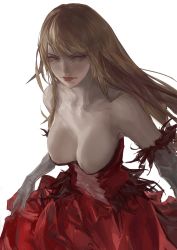 Rule 34 | 1girl, absurdres, areola slip, bare shoulders, blonde hair, breasts, dress, elbow gloves, from above, gloves, highres, kiss-shot acerola-orion heart-under-blade, large breasts, long hair, monogatari (series), nipples, oshino shinobu, pointy ears, red dress, strapless, strapless dress, tristan mori, white background, white gloves, yellow eyes