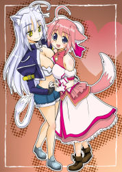 Rule 34 | 10s, 2girls, ahoge, animal ears, bare shoulders, blue eyes, boots, breasts, cat ears, cat tail, cleavage, denim, denim shorts, dog days, dog ears, dog tail, dress, gloves, holding hands, leonmitchelli galette des rois, long hair, midriff, millhiore f. biscotti, multiple girls, open mouth, pink hair, shorts, silver hair, smile, tail, yellow eyes