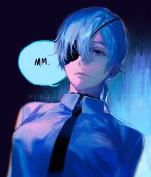 Rule 34 | 1girl, black eyes, black necktie, blue hair, blue shirt, chainsaw man, closed eyes, closed mouth, collared shirt, eyepatch, highres, keibleh, necktie, ponytail, quanxi (chainsaw man), shirt, signature, solo, upper body, wing collar