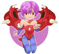 Rule 34 | 1girl, animal print, bare shoulders, bat print, bat wings, blue pantyhose, boots, closed mouth, collarbone, demon girl, diamond cutout, flat chest, full body, hair between eyes, head wings, high heel boots, high heels, leotard, lilith aensland, outline, pantyhose, purple hair, red eyes, red footwear, red leotard, short hair, sicky (pit-bull), smile, solo, split mouth, vampire (game), very short hair, white outline, wings