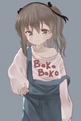 Rule 34 | 10s, 1girl, agaki anko, bare shoulders, black hairband, black ribbon, blush, brown eyes, brown hair, closed mouth, clothes writing, girls und panzer, grey background, hair ribbon, hairband, highres, long sleeves, looking at viewer, off shoulder, ribbon, shimada arisu, short hair, side ponytail, simple background, smile, solo, suspenders, v