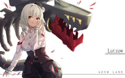 Rule 34 | 1girl, azur lane, black headwear, black skirt, breasts, character name, closed mouth, copyright name, drill hair, drill sidelocks, feet out of frame, hand on own cheek, hand on own face, highres, licking lips, long hair, long sleeves, looking at viewer, luetzow (azur lane), medium breasts, motirimoti, red eyes, shirt, sidelocks, skirt, smile, solo, standing, tongue, tongue out, white background, white hair, white shirt