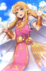 Rule 34 | 1girl, arm guards, bead necklace, beads, blonde hair, blush, breasts, circlet, cloud, cloudy sky, commentary, day, dress, earrings, english commentary, gem, gown, green eyes, highres, jewelry, kamaniki, light particles, long hair, looking at viewer, necklace, nintendo, open mouth, outdoors, pointy ears, princess zelda, sash, short sleeves, shoulder pads, simple background, sky, smile, solo, sparkle, the legend of zelda, triforce