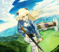 Rule 34 | 1girl, animal ears, blonde hair, bren lmg, cat ears, cat tail, day, flying, glasses, gun, light machine gun, long hair, marker (medium), military, military uniform, millipen (medium), open mouth, panties, panties under pantyhose, pantyhose, perrine h. clostermann, shiratama (hockey), solo, strike witches, striker unit, tail, traditional media, underwear, uniform, weapon, weapon request, world witches series, yellow eyes