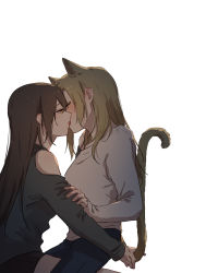 Rule 34 | 2girls, animal ears, arm grab, blush, brown hair, closed mouth, commentary request, half-closed eyes, highres, licking lips, light brown hair, long hair, multiple girls, natsuyiro x, orange eyes, original, simple background, tail, tail grab, tongue, tongue out, white background, yuri