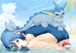 Rule 34 | 1girl, 1other, barefoot, beach, blue eyes, blue hair, closed mouth, cloud, creatures (company), from side, game freak, gen 1 pokemon, hairband, highres, lana (pokemon), looking at viewer, nintendo, palm tree, partially submerged, poke ball, pokemon, pokemon sm, school swimsuit, sky, smile, swimsuit, throwplate, tree, vaporeon, wet