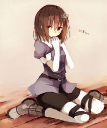 Rule 34 | 10s, 1girl, bad id, bad pixiv id, blush, breasts, brown eyes, brown hair, elbow gloves, gloves, haguro (kancolle), hair ornament, kantai collection, kinona, pantyhose, personification, short hair, sitting, skirt, solo, translated, wariza, white gloves, white pantyhose