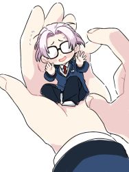 Rule 34 | 1boy, black pants, blazer, blue jacket, blush, cheek poking, chibi, collared shirt, facing viewer, finger to another&#039;s cheek, flying sweatdrops, glasses, habataki academy school uniform, in palm, jacket, knee up, long sleeves, mini person, miniboy, nanatsumori minoru, no shoes, opaque glasses, out of frame, outstretched arms, pants, parted bangs, poking, purple hair, reaching, school uniform, shirt, short hair, simple background, sitting, socks, solo focus, sweater, tokimeki memorial, tokimeki memorial girl&#039;s side 4th heart, white background, white legwear, white shirt, yukijiro