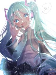 Rule 34 | 1girl, 39, aqua eyes, aqua hair, aqua necktie, backlighting, bare shoulders, black skirt, black sleeves, blush, commentary, detached sleeves, grey shirt, hair ornament, hand up, hatsune miku, headphones, headset, highres, light particles, long hair, looking at viewer, necktie, open mouth, ponpon rabbit, shirt, shoulder tattoo, skirt, sleeveless, sleeveless shirt, smile, solo, tattoo, twintails, upper body, very long hair, vocaloid, waving, white background