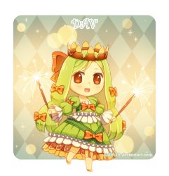 Rule 34 | 1girl, :d, argyle, artist name, blush, bow, brown bow, brown eyes, chibi, crown, dav-19, dress, dual wielding, fireworks, frilled dress, frills, full body, green dress, green hair, hair bow, holding, lace background, long hair, long sleeves, open mouth, orange footwear, original, personification, puffy long sleeves, puffy sleeves, see-through, senkou hanabi, smile, solo, sparkler, standing, standing on one leg, striped, striped bow, transparent background, very long hair, watermark, web address