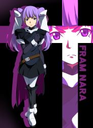 Rule 34 | &gt;:(, 10s, 1girl, belt, boots, character name, eyebrows, fram nara, frown, gundam, gundam age, hair tubes, hand on own chest, highres, ikari manatsu, long hair, purple eyes, purple hair, shoes, solo, thigh boots, thighhighs, twintails, v-shaped eyebrows, wrist cuffs