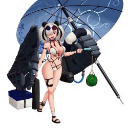Rule 34 | 1girl, :p, absurdres, animal ears, ankle cuffs, arknights, between breasts, bikini, black choker, black hair, breasts, choker, eyewear on head, feater (arknights), food, fruit, full body, hair over one eye, highres, innertube, kourui, large breasts, looking at viewer, mechanical arms, multi-strapped bikini, multicolored hair, navel, open mouth, panda ears, popsicle, red eyes, sandals, silver hair, skindentation, solo, standing, streaked hair, sunglasses, sunglasses on head, swim ring, swimsuit, thigh strap, tongue, tongue out, transparent background, twintails, umbrella, walking, watermelon, white bikini