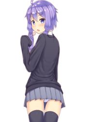 Rule 34 | 1girl, ahoge, black thighhighs, blush, candy, food, grey skirt, highres, holding, holding candy, holding food, holding lollipop, lollipop, long hair, looking at viewer, open mouth, panties, parted lips, purple eyes, purple hair, reinama, short hair with long locks, skirt, sleeves past wrists, solo, striped clothes, striped panties, thighhighs, underwear, vocaloid, voiceroid, yuzuki yukari