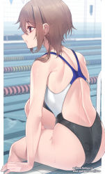 Rule 34 | 1girl, absurdres, ass, back, back focus, bare arms, bare shoulders, black one-piece swimsuit, brown hair, competition swimsuit, feet out of frame, from behind, hair between eyes, highres, indoors, jjune, lane line, long hair, looking away, one-piece swimsuit, original, parted lips, pool, pool ladder, poolside, profile, red eyes, sidelocks, simple background, sitting, solo, swimsuit, water, watermark, web address, wet