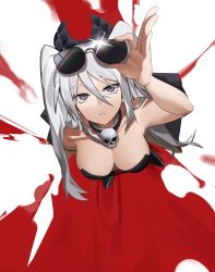 Rule 34 | 1girl, adjusting eyewear, alchemy stars, arm up, black footwear, blood, blood splatter, breasts, cleavage, collar, from above, glint, grey eyes, grey hair, hairband, highres, long hair, looking at viewer, looking up, medium breasts, parted lips, sinnbunn, smokey (alchemy stars), solo, standing, sunglasses, twintails