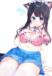 Rule 34 | 1girl, animal ear fluff, animal ears, bare shoulders, black hair, blue eyes, blue skirt, blush, bow, bow bra, bra, breasts, cat ears, cat tail, chikuwa., cleavage, collar, commentary request, curvy, detached collar, detached sleeves, dutch angle, flying sweatdrops, frilled hairband, frills, hairband, hand on own chest, hand up, highres, large breasts, long hair, looking at viewer, navel, open mouth, original, plaid, plaid bra, pleated skirt, puffy short sleeves, puffy sleeves, red bra, short sleeves, simple background, sitting, skirt, solo, tail, thick thighs, thighhighs, thighs, underwear, white background, white collar, white thighhighs, wrist cuffs