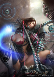 Rule 34 | 1girl, 2013, black panties, breasts, brown hair, cable, cleavage, company name, copyright request, cyborg, drone, electricity, glowing, glowing eye, hair over one eye, head tilt, heterochromia, highres, large breasts, laser, laser pointer projection, laser sight, lips, mechanical arms, mechanical legs, mechanical parts, motion blur, panties, science fiction, single mechanical arm, solo, sparks, spread legs, squatting, twisted torso, underwear, watermark, yuizoh