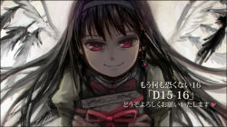 Rule 34 | 10s, 1girl, akemi homura, black feathers, black hair, black hairband, bow, close-up, earrings, feathers, gift, hairband, head tilt, holding, jewelry, long hair, looking at viewer, mahou shoujo madoka magica, mahou shoujo madoka magica: hangyaku no monogatari, red eyes, ribbon, school uniform, silverxp, single earring, smile, solo, spoilers, translation request, wings