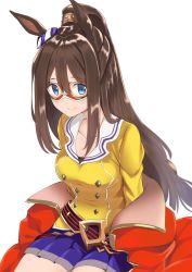 Rule 34 | 1girl, a9b (louis814), absurdres, animal ears, belt, black belt, blouse, blue eyes, blue skirt, bow, brown hair, closed mouth, clothes pull, coat, domino mask, ear ribbon, el condor pasa (umamusume), highres, horse ears, horse girl, jacket, jacket pull, long hair, long sleeves, looking at viewer, mask, miniskirt, pleated skirt, ponytail, red coat, shirt, simple background, sitting, skirt, smile, solo, umamusume, white background, yellow shirt