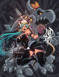 Rule 34 | 1girl, absurdres, alternate hair color, black collar, black dress, black thighhighs, blue hair, bowsette, breasts, breath weapon, breathing fire, cleavage, collar, dress, dry bowser, fire, highres, large breasts, long hair, looking at viewer, lydart mclo, mario (series), new super mario bros. u deluxe, nintendo, open mouth, spiked collar, spikes, super crown, thighhighs, yellow eyes