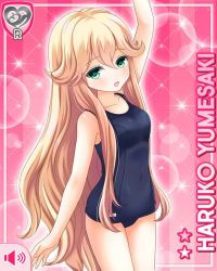 Rule 34 | 1girl, :d, arm up, bare arms, barefoot, black one-piece swimsuit, blonde hair, character name, competition swimsuit, girlfriend (kari), green eyes, long hair, official art, one-piece swimsuit, open mouth, pink background, qp:flapper, smile, swimsuit, tagme, yumesaki haruko