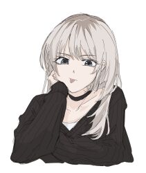 Rule 34 | 1girl, black choker, black sweater, choker, collarbone, commentary, cropped torso, dol ce hmhn, girls band cry, grey eyes, grey hair, head rest, highres, kawaragi momoka, long hair, looking at viewer, simple background, sleeves past wrists, solo, sweater, tongue, tongue out, upper body, white background