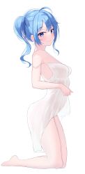 Rule 34 | 1girl, absurdres, babydoll, bare shoulders, barefoot, blue eyes, blue hair, blush, closed mouth, dot nose, feet, from side, full body, hair between eyes, half updo, highres, hololive, hoshimachi suisei, kneeling, legs together, no pants, red o7, side ponytail, sidelocks, simple background, smile, solo, strap slip, thighs, virtual youtuber, white babydoll, white background