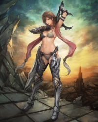 Rule 34 | 1girl, armor, bad id, bad pixiv id, bra, brown hair, cloud, cloudy sky, fighting stance, full body, greaves, grey bra, grey panties, head tilt, highres, holding, holding sword, holding weapon, huge weapon, looking at viewer, miche, outdoors, panties, ready to draw, ruins, sash, sheath, sheathed, sky, solo, standing, sunset, sword, underwear, weapon, weapon on back