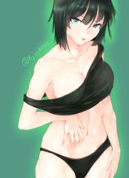 Rule 34 | 1girl, artist name, bad id, bad pixiv id, black panties, breasts, cleavage, collarbone, cowboy shot, fubuki (one-punch man), green background, green eyes, green hair, hand on own hip, hand on own stomach, highres, hplay, looking at viewer, matching hair/eyes, navel, off shoulder, one-punch man, panties, parted lips, shirt, short hair, simple background, sleeveless, sleeveless shirt, smile, solo, standing, stomach, tank top, underwear