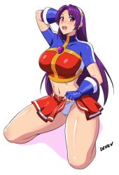 Rule 34 | 1girl, asamiya athena, breasts, clothes lift, devil-v, earrings, gem, gloves, headband, highres, huge breasts, jewelry, kneeling, legs, lifted by self, long hair, looking at viewer, navel, open mouth, panties, psycho soldier, purple eyes, purple hair, shiny skin, skirt, skirt lift, smile, snk, solo, source request, the king of fighters, thighs, underwear, white background