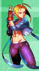 Rule 34 | 1girl, abs, blonde hair, cammy white, capcom, crop top, cropped jacket, cropped legs, fingerless gloves, gloves, highres, kitsune23star, looking to the side, navel, pants, parted lips, scar, scar on face, serious, short hair, solo, stomach, street fighter, street fighter 6, tight clothes, tight pants