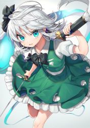 Rule 34 | 1girl, aqua eyes, black bow, black bowtie, black hairband, bow, bowtie, dot nose, eyelashes, flower, frilled skirt, frills, ghost, green nails, green skirt, green vest, grey background, gunjou row, hairband, highres, holding, holding sword, holding weapon, konpaku youmu, looking at viewer, making-of available, nail polish, parted lips, puffy short sleeves, puffy sleeves, scabbard, sheath, sheathed, shirt, short hair, short sleeves, simple background, skirt, skirt set, solo, sword, teeth, touhou, twitter username, vest, weapon, white background, white hair, white shirt