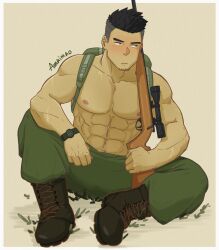 Rule 34 | 1boy, abs, amaimao, backpack, bag, bara, blush, boots, cross-laced footwear, facial hair, full body, goatee, gun, highres, holding, holding gun, holding weapon, large pectorals, looking to the side, male focus, mature male, muscular, muscular male, nipples, original, over shoulder, pectorals, rifle, scar, short hair, sitting, solo, stubble, thick eyebrows, topless male, undercut, weapon, weapon over shoulder