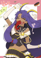 Rule 34 | 1girl, 1other, alternate costume, animal ears, arm up, arrow (symbol), aruti, belt, closed eyes, commentary, dark skin, earrings, fate/grand order, fate (series), flying sweatdrops, gloves, hat, hoop earrings, idol, jewelry, long hair, loose clothes, loose shirt, medjed (fate), midriff, navel, necktie, nitocris (fate), nitocris (lostroom outfit) (fate), official alternate costume, open mouth, purple hair, red necktie, shirt, simple background, translation request, white gloves