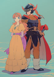 Rule 34 | 1boy, 1girl, armor, arms behind back, blue background, blue eyes, cape, commentary request, dragon quest, dragon quest i, dress, fake horns, gloves, helmet, hero (dq1), horned helmet, jewelry, long hair, looking at another, necklace, princess laura, puffy short sleeves, puffy sleeves, red gloves, sheath, sheathed, short sleeves, simple background, standing, sword, tiara, weapon, yellow dress, yuza