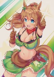 Rule 34 | 1girl, absurdres, animal ears, bandana around neck, bare shoulders, belt, black bra, blue eyes, bra, breasts, brown gloves, brown hair, cleavage, commentary request, cowboy shot, crop top, cynthia (uuzz5324), double finger gun, finger gun, gloves, green shirt, green skirt, gun, hair ornament, handgun, highres, holster, holstered, horse ears, horse girl, horse tail, korean commentary, large breasts, long hair, midriff, navel, open mouth, pointing, pointing at viewer, ponytail, purple thighhighs, revolver, shirt, skirt, smile, solo, star (symbol), star hair ornament, taiki shuttle (umamusume), tail, thighhighs, umamusume, underwear, weapon