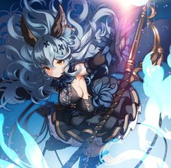 Rule 34 | 1girl, animal ears, backless dress, backless outfit, bare shoulders, blue background, blue dress, blue hair, boots, breasts, dress, ear piercing, erune, feathers, ferry (granblue fantasy), gloves, granblue fantasy, hair ornament, holding, holding weapon, honda tamanosuke, leg up, long hair, piercing, sideboob, sleeveless, solo, standing, standing on one leg, thigh boots, thighhighs, wavy hair, weapon, whip, x hair ornament, yellow eyes