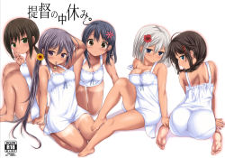 Rule 34 | 10s, 5girls, :o, accessory tan, akebono (kancolle), all fours, alternate costume, alternate hairstyle, arm support, ass, bad id, bad pixiv id, bare shoulders, barefoot, bell, black hair, blue eyes, braid, breasts, brown eyes, cleavage, commentary request, dress, artistic error, feet, flower, from behind, fubuki (kancolle), full body, green eyes, hair bell, hair between eyes, hair flower, hair ornament, unworn hair ornament, hamakaze (kancolle), hand on another&#039;s leg, hands on feet, kantai collection, large breasts, long hair, looking at viewer, mouth hold, multiple girls, nijimotohiro k, pantylines, purple eyes, purple hair, shigure (kancolle), short dress, short hair, shorts tan, silver hair, simple background, single braid, sitting, small breasts, soles, strap slip, sundress, tan, tanline, thighs, toes, translated, ushio (kancolle), wariza, white dress, wrong foot, yokozuwari