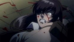Rule 34 | 1girl, angry, animated, animated gif, black lagoon, blood, blood on face, breasts, cleavage, large breasts, long hair, lowres, punching, roberta (black lagoon), solo