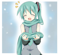 Rule 34 | 1girl, ^^^, ^ ^, alternate hairstyle, aqua hair, bad id, bad pixiv id, bare shoulders, blush, border, closed eyes, cutting hair, detached sleeves, eyebrows, closed eyes, hair ornament, happy, hatsune miku, long hair, maruki (punchiki), outside border, scarf, side ponytail, solo, twintails, upper body, very long hair, vocaloid, white border