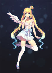 Rule 34 | 1girl, bare shoulders, blonde hair, blue bow, blue eyes, blue hair, bow, breasts, cleavage, collarbone, crown, feathered wings, full body, long hair, looking at viewer, matching hair/eyes, medium breasts, mini crown, multicolored hair, pleated skirt, rosuuri, single wing, skirt, smile, solo, strapless, thighhighs, twintails, two-tone hair, very long hair, white thighhighs, white wings, wings