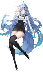 Rule 34 | 1girl, absurdres, animal ear fluff, animal ears, aoria, aqua eyes, ascot, black skirt, black thighhighs, blue hair, breasts, commission, cropped jacket, fox ears, fox girl, fox tail, hair ornament, hairclip, hand up, high-waist skirt, highres, jacket, large breasts, long hair, long sleeves, looking at viewer, miniskirt, open clothes, open jacket, original, panties, shirt, shirt tucked in, shoes, skirt, smile, solo, tail, thighhighs, thighs, underbust, underwear, very long hair, white footwear, white jacket, white panties, white shirt, wing collar, x hair ornament