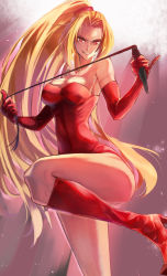 Rule 34 | 1girl, blonde hair, boots, breasts, cleavage, clenched teeth, commentary request, elbow gloves, full body, gloves, hair tie, highres, holding, holding whip, large breasts, leotard, long hair, looking at viewer, matsunaga777, ponytail, red eyes, red footwear, red leotard, shynesslady, solo, standing, standing on one leg, star ocean, star ocean the second story, teeth, very long hair, whip