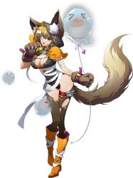 Rule 34 | 1girl, :d, animal ears, animal hands, bandage on face, bandaged arm, bandages, black leotard, breasts, brown eyes, brown gloves, brown thighhighs, cape, capelet, cleavage, fake animal ears, full body, gloves, halloween, halloween costume, highres, hood, hood up, hooded capelet, langrisser, langrisser iii, large breasts, leotard, looking at viewer, official art, open mouth, paw gloves, shiny skin, smile, solo, sophia (langrisser), tail, thighhighs, torn clothes, torn thighhighs, transparent background, wolf ears, wolf tail, yellow cape, yellow footwear
