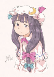 Rule 34 | 1girl, bow, capelet, chii-kun (seedyoulater), closed mouth, commentary, crescent, cropped torso, dress, expressionless, hat, highres, light blush, long hair, looking at viewer, mob cap, patchouli knowledge, purple eyes, purple hair, ribbon, signature, simple background, solo, touhou, upper body