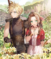 Rule 34 | 1boy, 1girl, aerith gainsborough, bare shoulders, basket, blonde hair, blue eyes, blush, bow, braid, breasts, brown hair, cloud strife, collarbone, commentary request, dress, earrings, field, final fantasy, final fantasy vii, flower, flower field, forehead, frown, gainsborough house, gloves, green eyes, highres, holding, holding basket, jacket, jewelry, long hair, looking at viewer, momoko (momopoco), outdoors, pants, parted bangs, pink dress, red jacket, ribbon, short sleeves, sleeveless, smile, spiked hair, square enix, sword, weapon, white dress, yellow flower